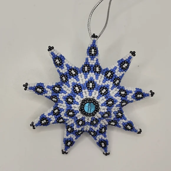 Beaded Starburst Ornament in Light Blue, White & Black - Picture 2 of 8